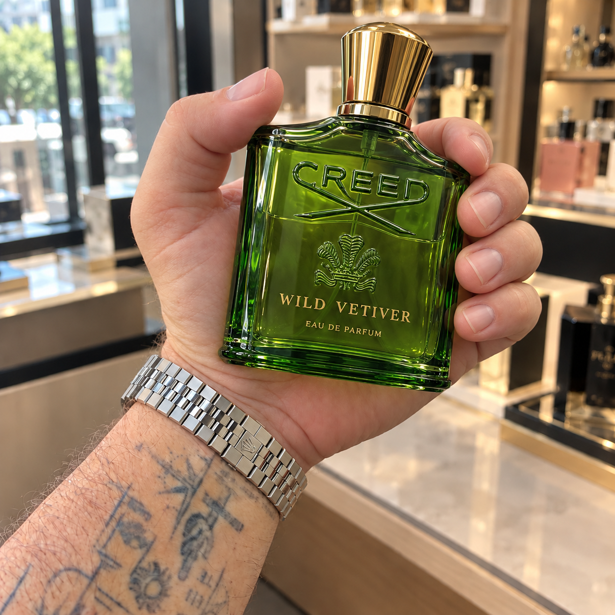 Creed Wild Vetiver em uma mão com relógio prateado